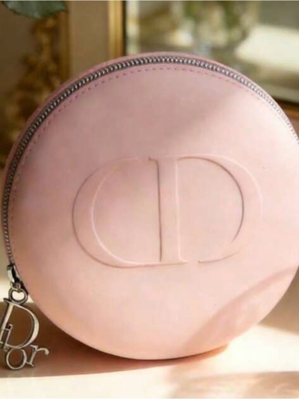 Dior Pink Round Leather Cosmetic Pouch with CD Charm